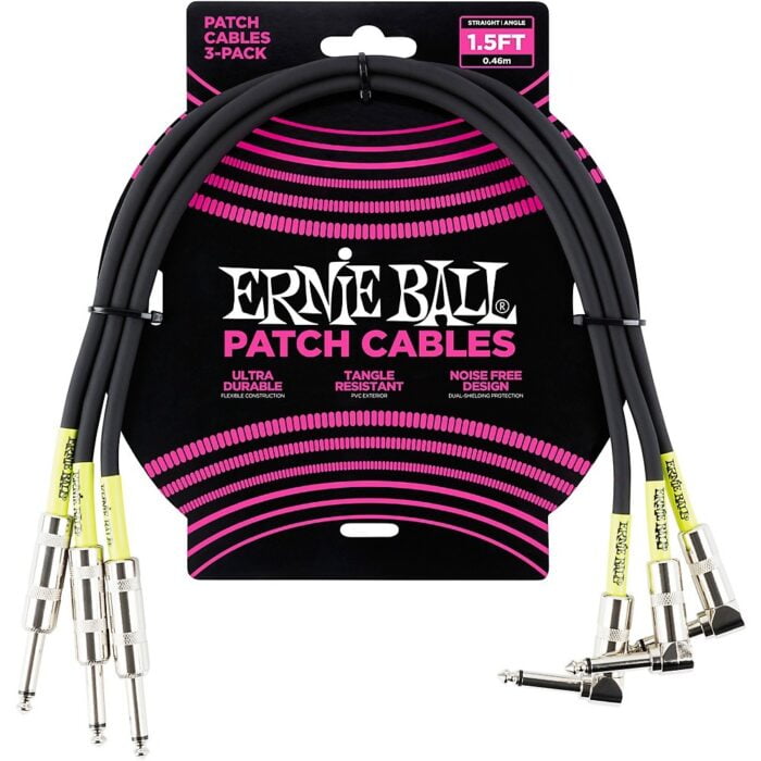 ERNIE BALL 1.5 FEET BLACK RIGHT ANGLED PATCH CABLE 3 PACK - 6076