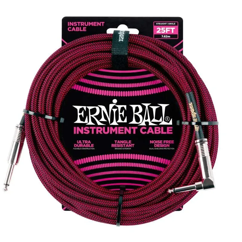 Ernie Ball Braided Guitar Cable Straight to Right-angle - Black/Red - 25ft - 6062