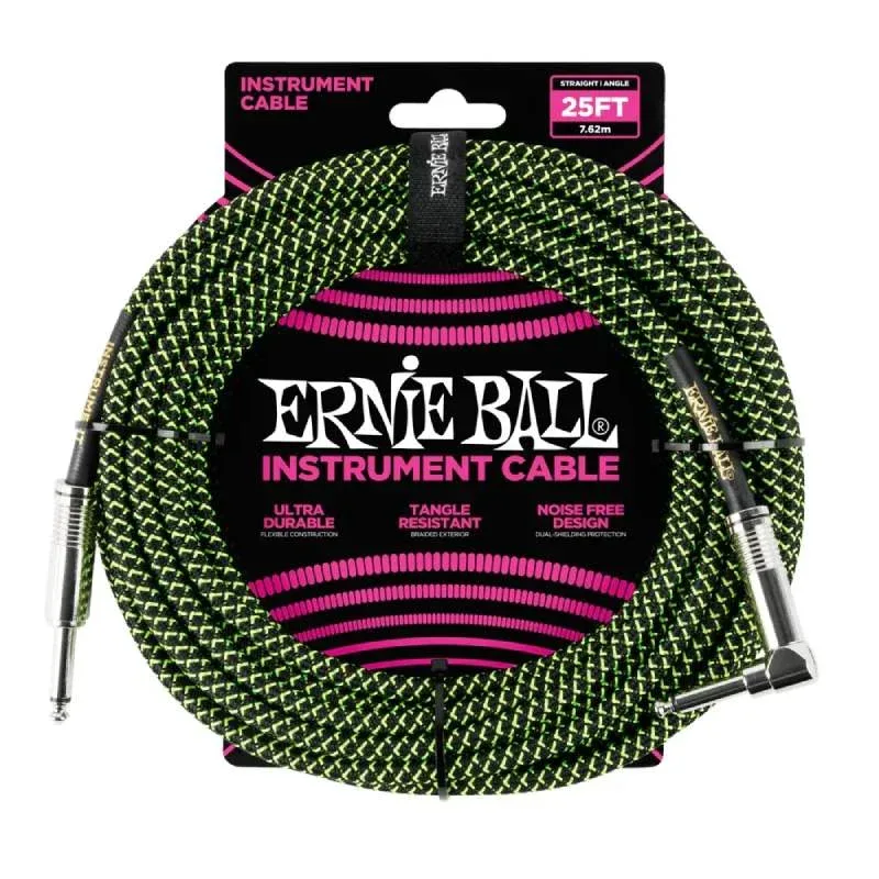 Ernie Ball Braided Guitar Cable Straight to Right-angle - Black/Green - 25ft - 6066