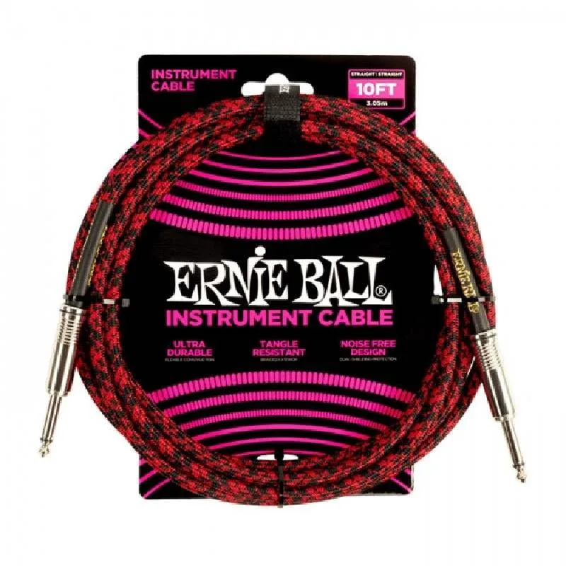 Ernie ball Braided Instrument cable straight to straight - 10ft - Red/Black - 6394