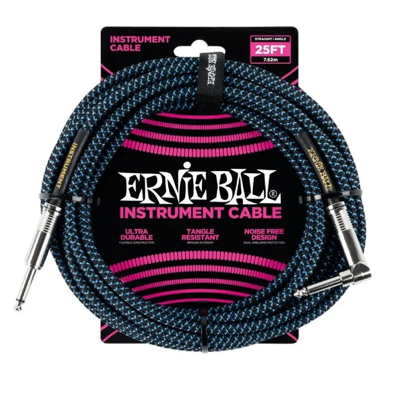 Ernie Ball Braided Guitar Cable Straight to Right-angle - Black/Blue - 25ft - 6060