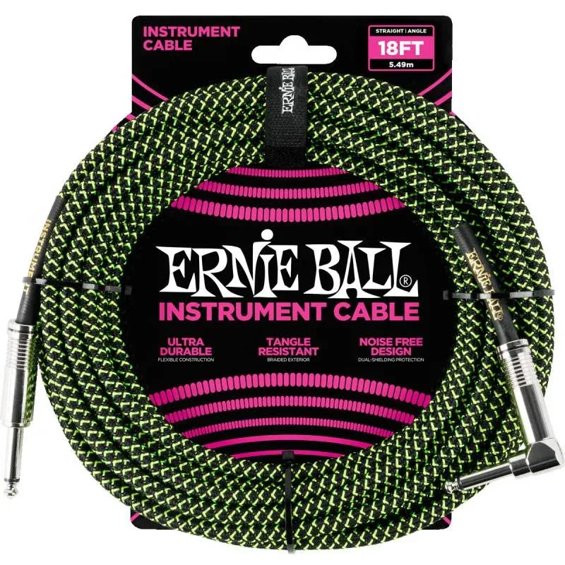 Ernie Ball Braided Guitar Cable Straight to Right-angle - Black/Green - 18ft - 6082