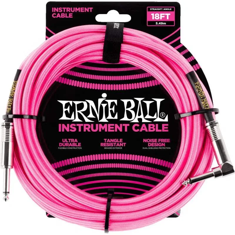 Ernie Ball Braided Guitar Cable Straight to Right-angle - Neon Pink - 18ft - 6083