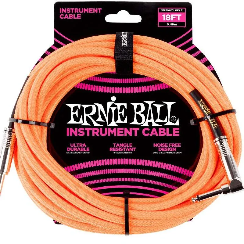 Ernie Ball Braided Guitar Cable Straight to Right-angle - Orange Neon - 18ft - 6084