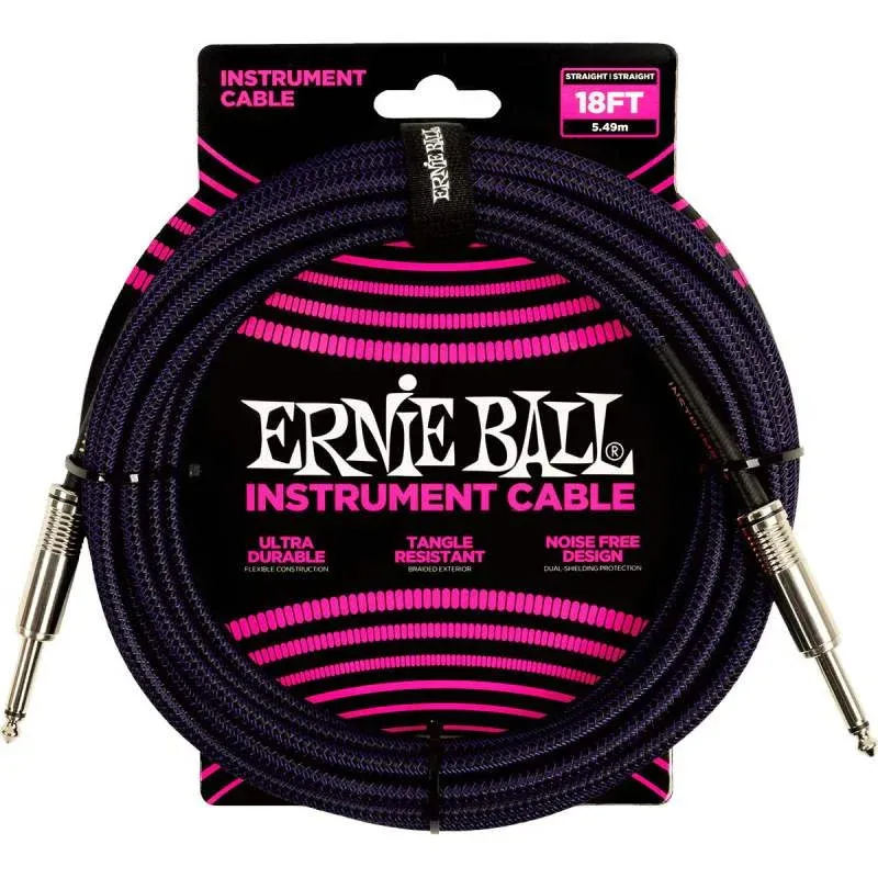 Ernie ball Braided Instrument cable straight to straight - 18ft - Purple/Black - 6395