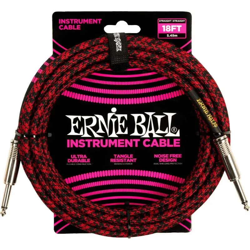 Ernie ball Braided Instrument cable straight to straight - 18ft - Red/Black - 6396